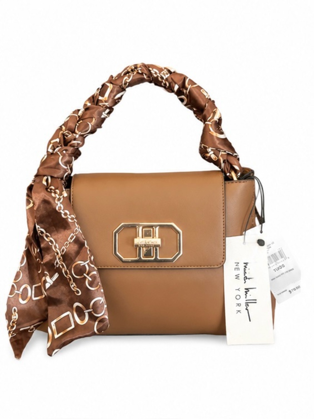 Nicole Miller Brown Leather Shoulder Bag with Patterned Scarf
